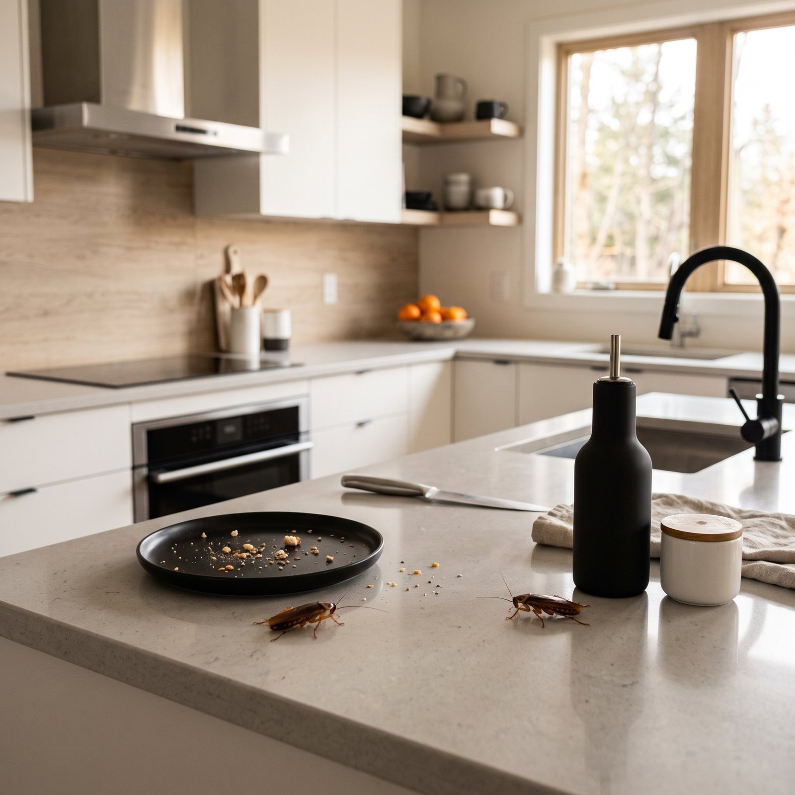 Two cockroaches scuttle on a kitchen island beside a black plate with scattered crumbs, with a faucet and bright, modern kitchen in the background.