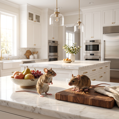 Two brown mice on a marble kitchen island beside a fruit bowl in a bright white kitchen.